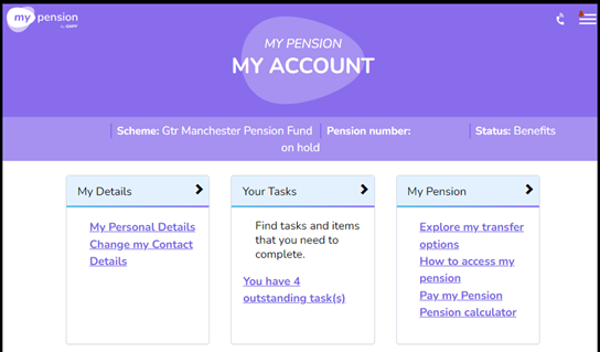 Menu option withing My Pension for outstanding tasks