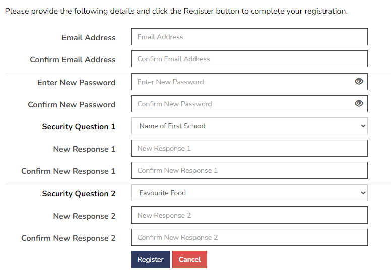 Registration form showing the fields required including email, password and security questions.